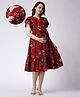 Moms Maternity Half Bell Sleeves Floral Printed Maternity Dress With Nursing Access - Maroon