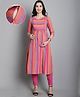 Moms Maternity Cotton Three Fourth Sleeves Striped Maternity Kurta With Nursing Access & Pant Set - Pink