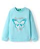 UCB Cotton Knit Full Drop Shoulder Sleeves Sweatshirt with Butterfly & Foil Glitter Print - Aqua Blue