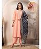 Zelena Three Fourth Sleeves Floral Embroidered & Foil Printed Maternity Kurta With Nursing Access & Salwar With Dupatta Set - Peach