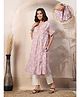 Zelena 100% Rayon Half Sleeves Ethnic Motif Printed Maternity Kurta With Zip Nursing Access & Salwar Set - Lavender & White