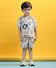 Polka Tots Cotton Half Sleeves Abstract Printed Shirt With Coordinating Shorts Set - Cream & Blue