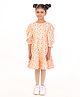 Nature Nook Kids Cotton Three Fourth Puffed Sleeves Floral Printed Dress - Orange