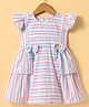 Smarty Girls Textile Knit Frill Sleeves Frock with Stripes & Bow Applique - White