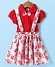 ToffyHouse Cotton Knit Puffed Sleeves Peter Pan Collar Tops & Skirt with Floral Print with Bow Applique - White & Red
