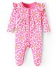 Babyhug Cotton Knit Full Sleeves Footed Sleep Suit with Floral Print & Frill Detailing - Pink