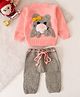 Woonie Full Sleeves Animal Embroidered Hand Knitted Sweater & Pant Set - Peach