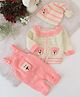 Woonie Animal Designed Dungaree With Full Sleeves Crotcheted Sweater & Cap Set - Peach