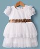 ToffyHouse Woven Half Frill Sleeves Party Mesh Frock with Lace Detailing & Floral Applique - White