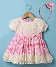 ToffyHouse Woven Half Sleeves Party Dress With Floral Lace Detailing & Hairband - Pink & White
