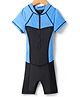Bosky Swimwear Half Raglan Sleeves Legged Swimsuit with Cut & Sew Design - Blue