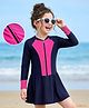 Bosky Swimwear Full Raglan Sleeves Frock Swimsuit with Cut & Sew Design - Navy & Pink