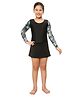 Bosky Full Sleeves Frock Swimsuit with Leafy Print - Black
