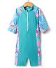 Bosky Swimwear Half Raglan Sleeves Legged Swimsuit With Floral Print -Turquoise