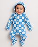 Somersault Cotton Knit Full Sleeves Checked Hooded Sleepsuit & Mittens Set - Blue