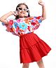 OLLINGTON ST. 100% Cotton Printed Flutter Sleeves Top & Flared Skirt - Multicolor & Red