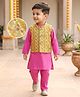 Babyhug Cotton Woven Full Sleeves Kurta & Pyjama Set With Printed Waistcoat  - Fuschia