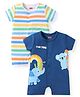 Babyhug 100% Cotton Knit Half Sleeves Romper with Stripes & Animal Print Pack of 2 - White & Navy Blue