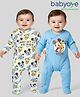 Babyoye Disney Interlock Knit Full Sleeves Footed Sleepsuits With Mickey & Friends Graphic And Gold Foil Detailing Pack Of 2  - Light Blue & White