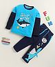 Little Marine Cotton Full Sleeves Shark & Text Printed Tee With Pajama Set - Turquoise