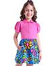 Ollington St. Cotton Knit Puffed Sleeves Collar Neck Top & Floral Printed Skirt Set - Pink Blue