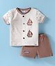 First Smile Interlock Knit Half Sleeves Shorts Night Suit with Boat Print Stripes & Patch - White & Brown