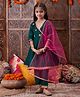 Pspeaches Taffeta Three Fourth Sleeves Floral Applique Detailed Angrakha Kurta & Pant With Dupatta Set - Green