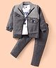 Rikidoos Full Sleeves Striped & Checked Jacket With Typography Printed Tee & Pant - Grey & White