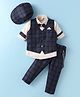 Rikidoos Full Sleeves Solid Shirt With Checked Waistcoat Pant Suspender Cap & Bow Set - Cream & Black