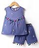 Dew Drops Denim Woven Sleeveless Fruits Embroidered Top & Shorts - Navy Blue
