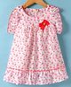 Dew Drops Cotton Woven Frill Sleeves Frock With Floral Print & Bow Applique - Pink