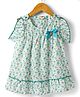 Dew Drops Cotton Woven Frill Sleeves Frock With Floral Print & Bow Applique - Aqua Blue