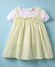 Dew Drops Cotton Woven Half Sleeves Frock With Floral Embroidery & Patch Detailing - Light Green & White (Trim May Vary)