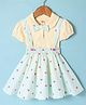 Dew Drops Cotton Woven Hearts Printed Skirt & Half Puffed Sleeves Peter Pan Collared Top Set with Bow Applique - Aqua Blue