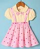 Dew Drops Cotton Woven Hearts Printed Skirt & Half Puffed Sleeves Peter Pan Collared Top Set with Bow Applique - Pink