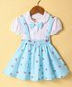 Dew Drops Cotton Woven Butterfly Printed Skirt & Half Puffed Sleeves Peter Pan Collared Top Set with Bow Applique - Light Blue