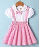 Dew Drops Cotton Woven Butterfly Printed Skirt & Half Puffed Sleeves Peter Pan Collared Top Set with Bow Applique - Pink