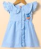 Dew Drops Cotton Woven Half Frill Sleeves Peter Pan Collared Checkered Front Open Frock with Bunny Applique - Light Blue