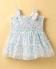 Dew Drops Organza Woven Sleeveless Smocked Frock with Floral Print - Aqua Blue