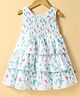 Dew Drops Chiffon Woven Sleeveless Butterfly Printed Frock with Hearts Applique & Smocking - Aqua Blue