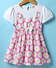 Dew Drops Cotton Woven Half Puffed Sleeves Frock with Floral Print & Bow Applique - Pink & White