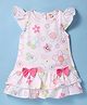 Dew Drops Cotton Woven Frill Sleeves Frock with Floral Print & Bow Applique - OffWhite