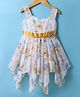 Dew Drops Chiffon Woven Sleeveless Frock with Floral Print & Floral Applique - Yellow