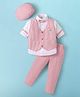 Rikidoos Full Sleeves Solid Shirt With Striped Waistcoat Pant Cap & Bow Set - Red & White