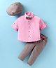 Rikidoos Full Sleeves Solid Shirt With Checked Pant Cap Bow & Suspender - Baby Pink & Grey