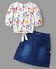 Ollington St. 100% Cotton Half Sleeves Heart Printed Top & Stretchable Denim Skirt - White & Indigo
