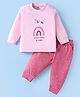 Zero Interlock Knit Full Sleeves T-Shirt & Lounge Pant Set With Unicorn & Floral Print - Pink