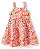 Babyhug Single Jersey Knit Sleeveless Frock with Floral Print & Bow Applique - Orange & White