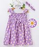 Kookie Kids Woven Singlet Sleeves Smocking Detailed Frock With Headband & Floral Print - Lavender