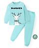 BLUSHES 100% Cotton Knit Christmas Theme Full Sleeves Reindeer Printed Tee & Pajama Set - Sea Green